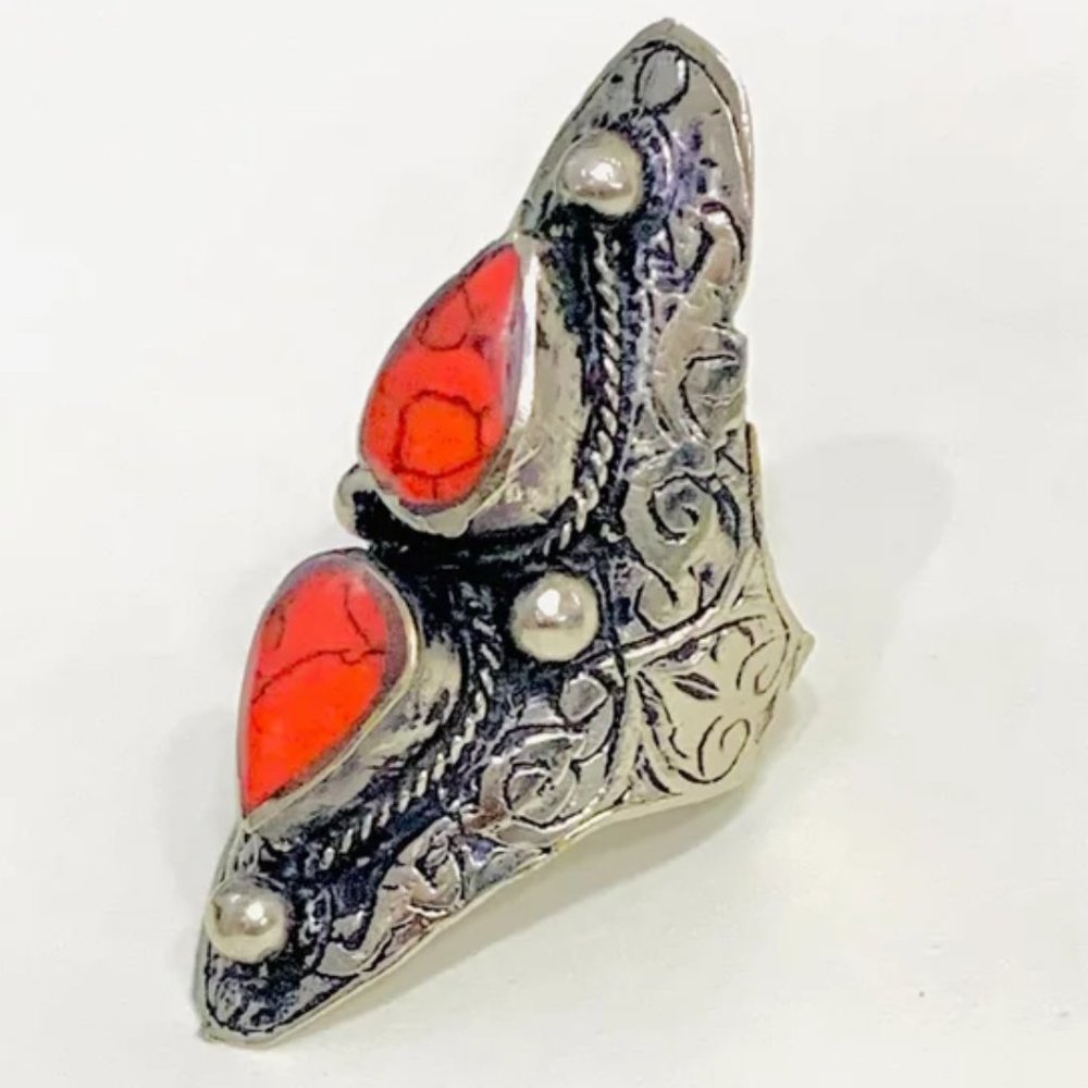 Kuchi Dual Red Stone Ring: Tribal Ethnic Bohemian Jewelry - Picture 4 of 8